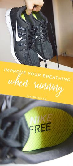 a pair of running shoes with the words improve your breathing when running