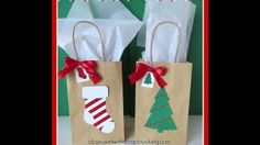 two brown paper bags with christmas decorations on them and the words 5 minute gift bags