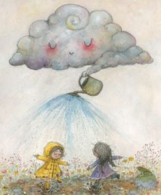 two children are in the field under a rain cloud with a watering can on their head