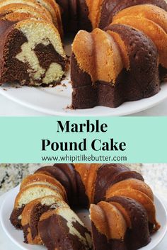 marble pound cake on a plate with one slice cut out and the other half eaten