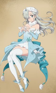 an anime character with long white hair and blue dress is flying through the air while wearing high heels