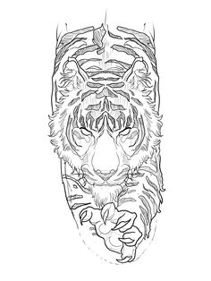 a drawing of a tiger's face in black and white