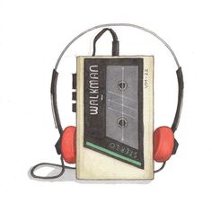 a drawing of an electronic device with headphones on it's ears and the words,