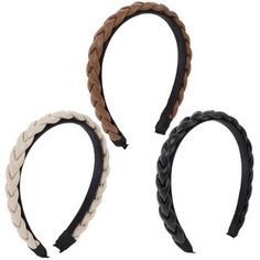 Complement your outfit with stylish accessories! Neutral Twist Headbands come in black, brown, and cream colors. Each is blanketed in black satin and topped with faux leather braids. Add a chic touch to your hair with one of these bands! Details: 	 Band Thickness: 3/4" 	 Size: One Size Fits Most Card contains 3 headbands. Unique Headband, Home Office Accessories, Braided Headband, Headband Styles, Twist Headband, Stylish Accessories, Black Satin, Cream Color, Braids