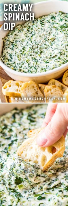 spinach dip in a white bowl with bread on the side and someone dipping them into it