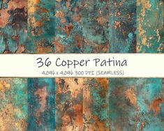 an old rusty metal background with the words 3c copper patina in white and blue