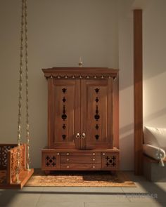 a wooden cabinet sitting on top of a rug next to a swing bed in a room