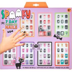 It's time to accessorize for Spooky Season! This kid-sized nail set includes 84 Halloween-themed nails that are easy to apply and easy to remove. Perfect for a Halloween party activity or favor these nails last up to 7 days! pbKids' Spooky Halloween 7-Day Press-On Nails product details:-b-p ul li84 press-on nails per package-li liLast up to 7 days-li -ul Spooky Birthday Nail Set, Hollween Theme Nails, Halloween Press On Nails Short, Haunted House Nail Art, Spooky Cat Nail Art, Halloween Party Activities, Halloween Press On Nails, Got Party, Party City