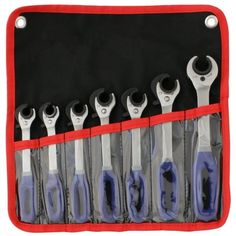 a set of seven wrenches in a red case on a white background with zippered pouch