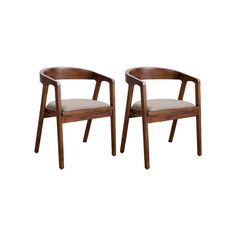 two wooden chairs sitting next to each other