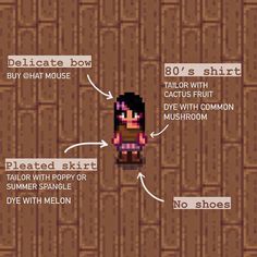 an image of a cartoon character with text describing the different types of clothes and shoes