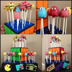 there are four different pictures of cake pops on the same stick, and one is decorated with colorful candies