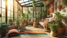 a room filled with lots of plants and furniture