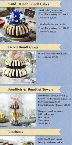 a menu for cakes and bundt cakes is shown