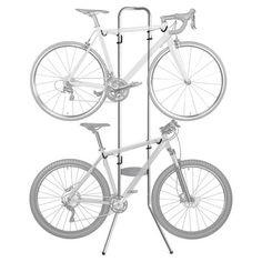 a bicycle is hanging on the side of a metal rack with two bicycles attached to it