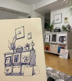 a drawing of a living room with tvs and plants on the shelves in it