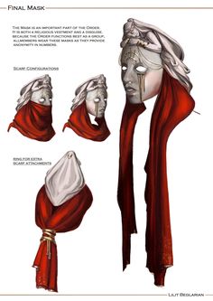 the concept art for final mask is shown in red and white colors, with different angles to