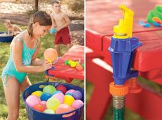 two pictures side by side one shows a child playing with an inflatable ball