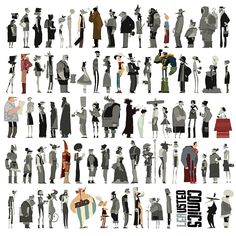 the silhouettes of people are shown in different styles and sizes, all dressed up