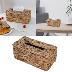 two pictures with different items in them and one has a basket on the table next to it