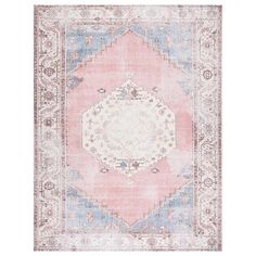 a pink and blue area rug with an ornate design on the center, in front of a white background