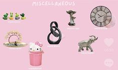 there are many different items on this pink background with the words miscellaneous