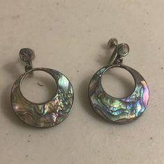 Beautiful Abalone Shell Hoop Earrings Are 925 Silver By Taxco Elegant Abalone Shell Pierced Earrings, Silver Abalone Shell Drop Earrings, Silver Abalone Shell Earrings, Vintage Silver Abalone Shell Jewelry, Handmade Abalone Shell-shaped Jewelry, Abalone Shell, Vintage Silver, Vintage Ladies, 925 Silver