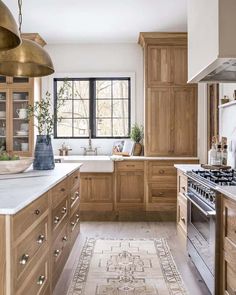 a kitchen with wooden cabinets and an area rug on the floor in front of it