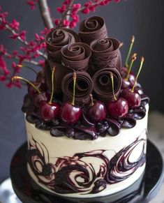 a chocolate cake with cherries on top