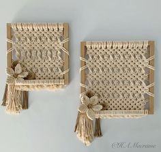 two woven wall hangings with tassels and bows