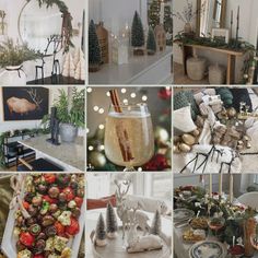 a collage of photos with christmas decorations and other things in them, including candles