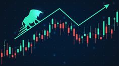 a bull and bear are on top of an upward arrow chart with candles in the background