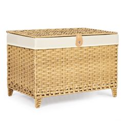 an empty wicker chest with white lining on the top and bottom, sitting against a white background