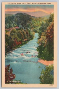 an old postcard with a river in the middle and mountains in the back ground