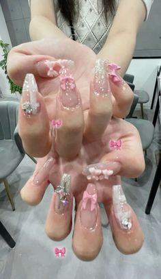 coquette Korean Nail Inspiration, Coquette Nails, Korean Nails, Aesthetic Nails, Hello Kitty Nails