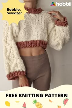 a woman wearing a knitted sweater and leggings with the text free knitting pattern