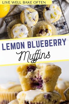 lemon blueberry muffins stacked on top of each other with the title overlay