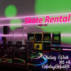 the neon sign for skate rentals is lit up in purple and green lights, while people play video games on their cell phones