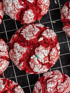 red velvet crinkle cookies on a cooling rack