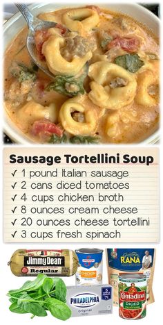 the ingredients for this soup include pasta, tortellini sauce and spinach leaves