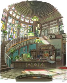 the interior of a building with stained glass windows and spiral stair railings, as well as potted plants