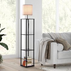 a living room with a white couch and a tall black shelf next to a window