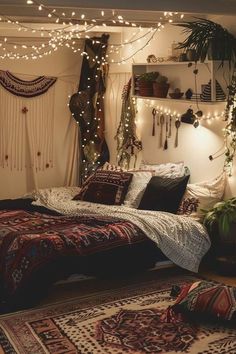 a bed room with a neatly made bed and lots of string lights hanging from the ceiling