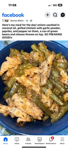 a blue plate topped with green beans and chicken next to a facebook post about eating