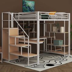 a loft bed with stairs to the top and bottom bunk is shown in this image