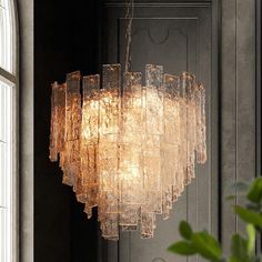 a chandelier hanging from the ceiling in front of a window with green plants