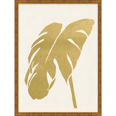 a gold and white painting with a large banana leaf