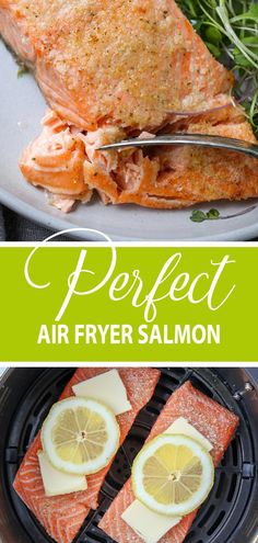 air fryer salmon with lemons and herbs on the side