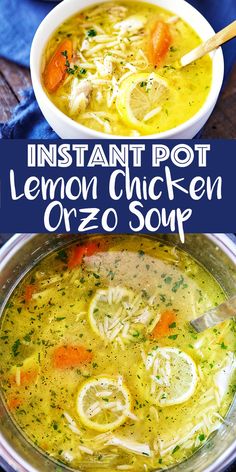 instant pot lemon chicken orzo soup in a bowl