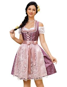 PRICES MAY VARY. This exquisite women's Oktoberfest costume features a square-neck red embroidery dress adorned with delicate pink lace detailing on the front for adjustable bust sizing, a comfy 100% cotton off-shoulder blouse, and a charming pink apron. Crafted from comfortable and durable materials, our Oktoberfest dirndl dresses feature a fashion-forward, classic, vintage, and stylish design. Perfect for a variety of occasions including the Bavarian Oktoberfest Festival, Carnival Time, Hallow Oktoberfest Costume Women, Dirndl Dress Traditional, German Dirndl Dress, German Dress Dirndl, Oktoberfest Shirt, Fair Outfit, Oktoberfest Costume, Germany Trip, Pink Apron